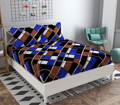 Temoli 210 TC Polyester Double Checkered Fitted (Elastic) Bedsheet(Pack of 3, boxes blue)