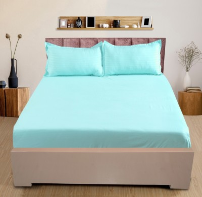 Nendle 210 TC Cotton Queen Striped Fitted (Elastic) Bedsheet(Pack of 1, Sea Green)