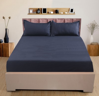 Nendle 210 TC Cotton Queen Striped Fitted (Elastic) Bedsheet(Pack of 1, Navy)