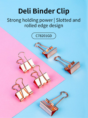 Deli Essential Antirust Binder Clips, Paper Clips, Stationery Binding Supplies for Loose Papers, Files, DIY, Office and School Use. 12 pcs (78201) 25 mm Spring steel Binder Clips(Set of 12, Rose Gold)