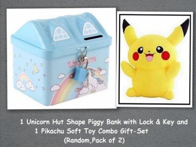 Rockjon 1 Unicorn Hut Shape Piggy Bank Random with 1 Pikachu Soft Toy (Pack of 2) Coin Bank(Multicolor, Yellow)