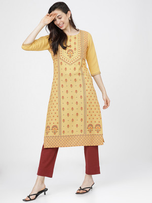 KETCH Women Printed Straight Kurta(Yellow)