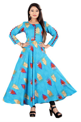 meesorra Women Abstract Anarkali Kurta(Blue)