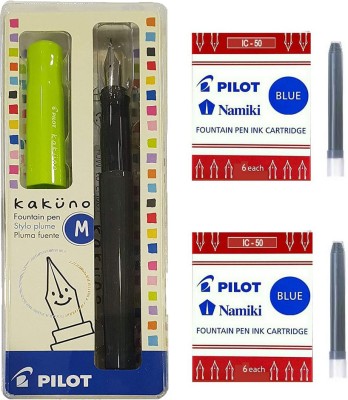 PILOT Kakuno Fountain Pen (Green - M) + 12 Blue Cartridges Fountain Pen(Pack of 3, Ink Color - Blue)