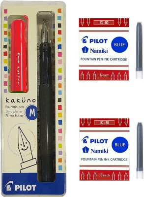 PILOT Kakuno Fountain Pen (Red - M) + 12 Blue Cartridges Fountain Pen(Pack of 3, Blue)