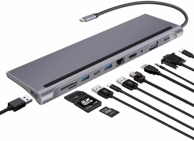 ezcap HDMI 12 ports USB C to HDTV Multifunction Adapter USB Hub (Silver) 12in 1 Type C Hub Multifunction 4K Docking Station RJ45 USB Charging VGA Adapter 12 In 1 Adapter(Silver)