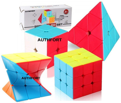 Authfort 3 x 3 Twisty Cube 2X2 3x3 and Pyraminx Pyramid Triangle High Speed Stickerless Cube combo pack of 4(4 Pieces)