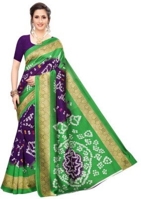 krixa Self Design Bandhani Linen Saree(Purple, Green)