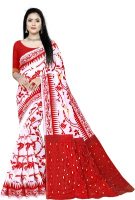 ARIYAPRINTS Floral Print Jamdani Cotton Silk Saree(Red, White)