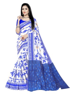 ARIYA PRINTS Floral Print Jamdani Cotton Silk Saree(White, Blue)