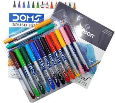 DOMS Super Soft Artist Brush Pens Set Alongwith Canson Montval 5 Sheets (Set of 14, Multicolor) Supersoft Nib Sketch Pen(Multicolor)