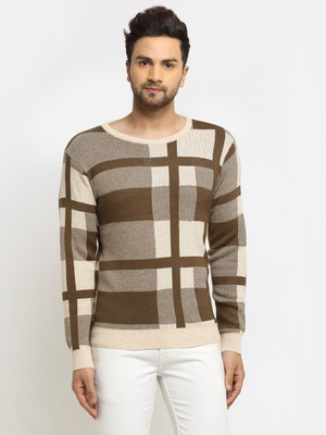 Club York Checkered Round Neck Casual Men Beige Sweater