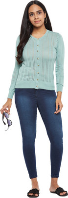 Honey By Pantaloons Striped Round Neck Casual Women Light Blue Sweater