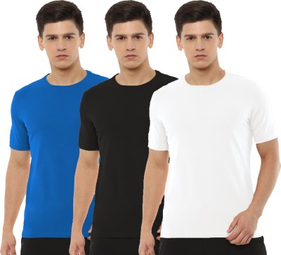 Organic Chics Solid Men Round Neck Light Blue, Black, White T-Shirt