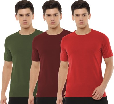 Organic Chics Solid Men Round Neck Green, Maroon, Red T-Shirt