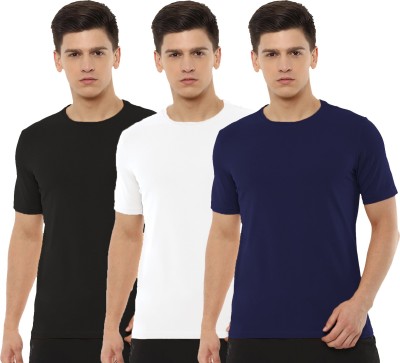 Organic Chics Solid Men Round Neck Black, White, Dark Blue T-Shirt