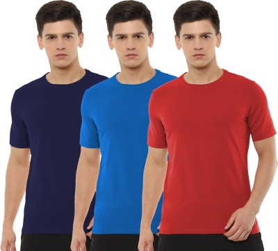 Organic Chics Solid Men Round Neck Dark Blue, Light Blue, Red T-Shirt