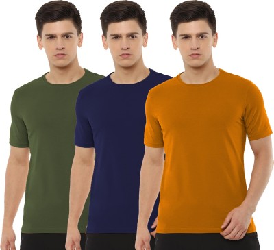 Organic Chics Solid Men Round Neck Dark Blue, Green, Yellow T-Shirt