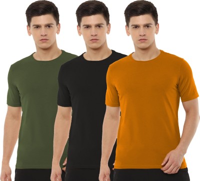 Organic Chics Solid Men Round Neck Green, Black, Yellow T-Shirt