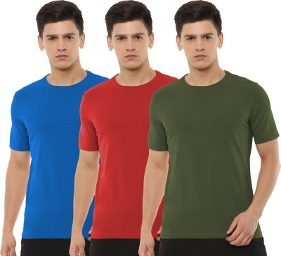 Organic Chics Solid Men Round Neck Light Blue, Red, Green T-Shirt