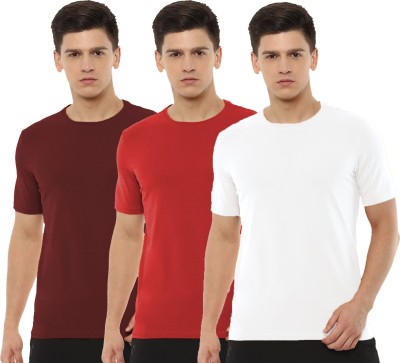 Organic Chics Solid Men Round Neck Maroon, Red, White T-Shirt