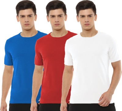 Organic Chics Solid Men Round Neck Light Blue, Red, White T-Shirt