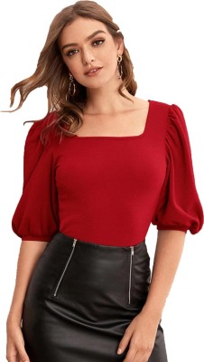Clothzy Casual 3/4 Sleeve Solid Women Red Top
