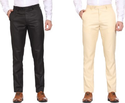 SYLZON Slim Fit Men Black, Cream Trousers