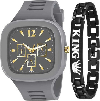 Actn A1C NEW GREY Analog Square Dial Silicon Strap new design sport fancy watch & black king brecelet combo watch BOYS & GIRLS NEW GENERATION WATCH & BRACELET Analog Watch  - For Men & Women
