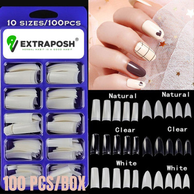 Extraposh 100pcs Transparent Artificial Nail Tips Best False Nails with 2pcs Strong Nail Glue Transparent TRANSPARENT(Pack of 100)