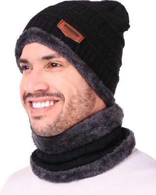 Broen Solid Woolen Winter Cap with Neck Scarf Cap