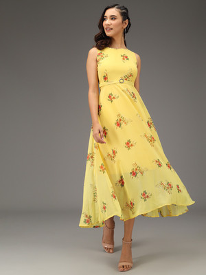 Siphon Women Fit and Flare Yellow Midi/Calf Length Dress