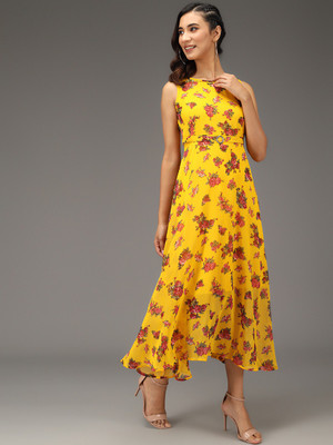 Siphon Women Fit and Flare Yellow Midi/Calf Length Dress