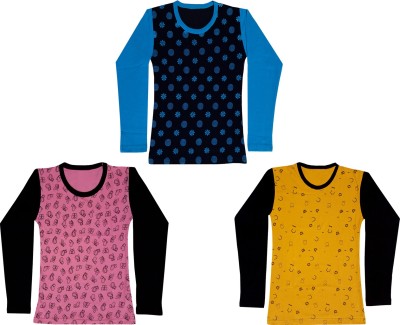 Indistar Girls Printed Pure Cotton Regular T Shirt(Multicolor, Pack of 3)