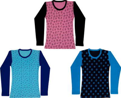 IndiWeaves Girls Printed Pure Cotton Regular T Shirt(Multicolor, Pack of 3)