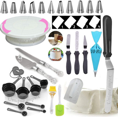 Unique Impex 10 Pcs Disposable Frosting Icing Piping Bag + Easy Rotate Cake Turntable + 8 Pcs Black Measuring Cups and Spoon + Silicone Spatula and Brush Set + 4 Pcs Scraper set + 12 Piece Cake Decorating Set with Piping Bag + 13 inch Angular Knife - 3 Pcs Multi-Function Stainless Steel Cake Icing S Unique Impex 10 Pcs Disposable Frosting Icing Piping Bag + Easy Rotate Cake Turntable + 8 Pcs Black Measuring Cups and Spoon + Silicone Spatula and Brush Set + 4 Pcs Scraper set + 12 Piece Cake Decorating Set with Piping Bag + 13 inch Angular Knife - 3 Pcs Multi-Function Stainless Steel Cake Icing S