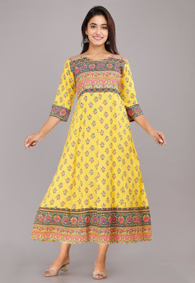 laxmi creation Women Block Print Anarkali Kurta(Yellow)