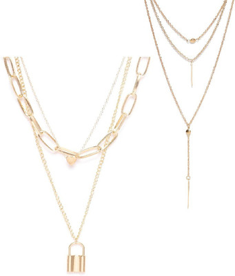 fabula Combo of 2 Gold Tone Link Chain Lock Multi Layer Beads Gold-plated Plated Metal, Alloy Layered
