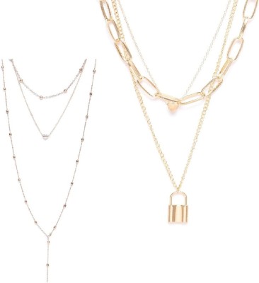 fabula Combo of 2 Gold Tone Link Chain Heart & Lock Multi Layer Beads Gold-plated Plated Metal, Alloy Layered