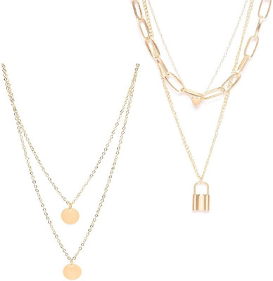 fabula Combo of 2 Gold Tone Link Chain Heart & Lock Multi Layer Beads Gold-plated Plated Metal, Alloy Layered