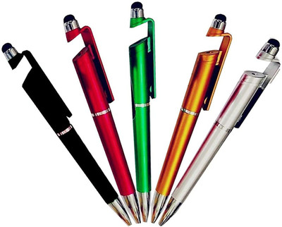 Muren Smartphone Stand Holder, Screen Wipe and Ballpoint Pen Multi-function Pen Ball Pen(Pack of 5, Ink Color - Blue)