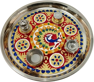 YellowCult Traditional Pooja Thali - New Handy Design, 11 Inch for Festival Ethnic Puja Thali Gift for Diwali, Home, Temple, Office, Wedding Gift, KarwaChauth - Elegant Handcrafted Design Stainless Steel(1 Pieces, Multicolor)