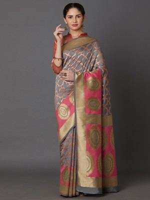 BOVTY Printed Banarasi Jacquard, Cotton Silk Saree(Grey)