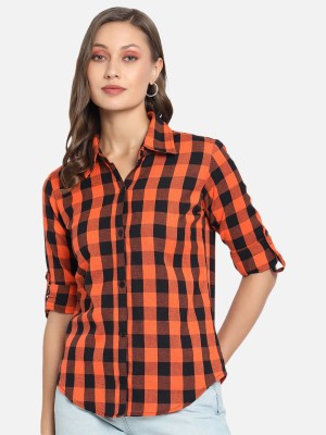 Vastraa Fusion Women Checkered Casual Black, Orange Shirt