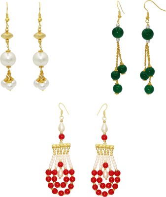memoir White Faux Pearls and Red Beaded colourful stylish 3 pairs in combo earrings Women Girls Pearl Alloy Hoop Earring