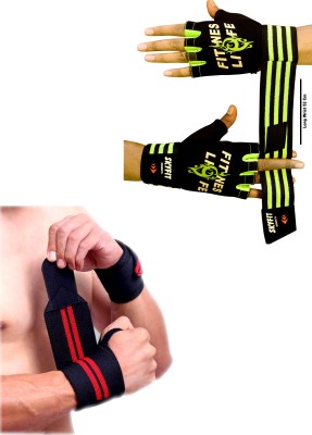 SKYFIT COMBO 2 GLOVES AND WRIST BANDS Gym & Fitness Gloves(Black, Green, Red)