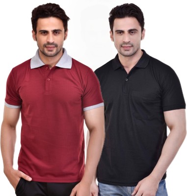 SMAN Solid Men Polo Neck Maroon, Black T-Shirt