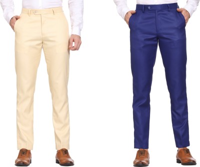 Maleno Slim Fit Men Cream, Blue Trousers