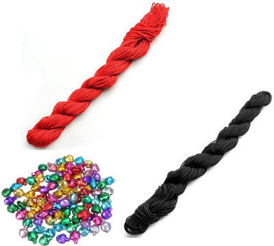AN Sunshine Combo of beading Nylon Cord Thread 30 Mtr Chinese Knot Macrame Braided String Color - Red Black & 100 Multicolor Ghungroo / Jingle Bells