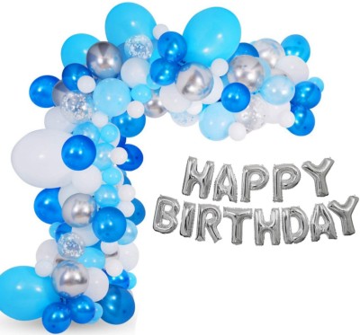 Alaina Solid Happy Birthday Decoration Kit 54 Pcs Combo Pack - 1 Set Happy Birthday Foil Letters (Silver Color) + 3 Pcs Silver Confetti Balloons + 10 Pcs Silver Chrome Balloons + 40 Pcs Metallic Balloons (Blue & White) Balloon(Blue, White, Silver, Pack of 54)